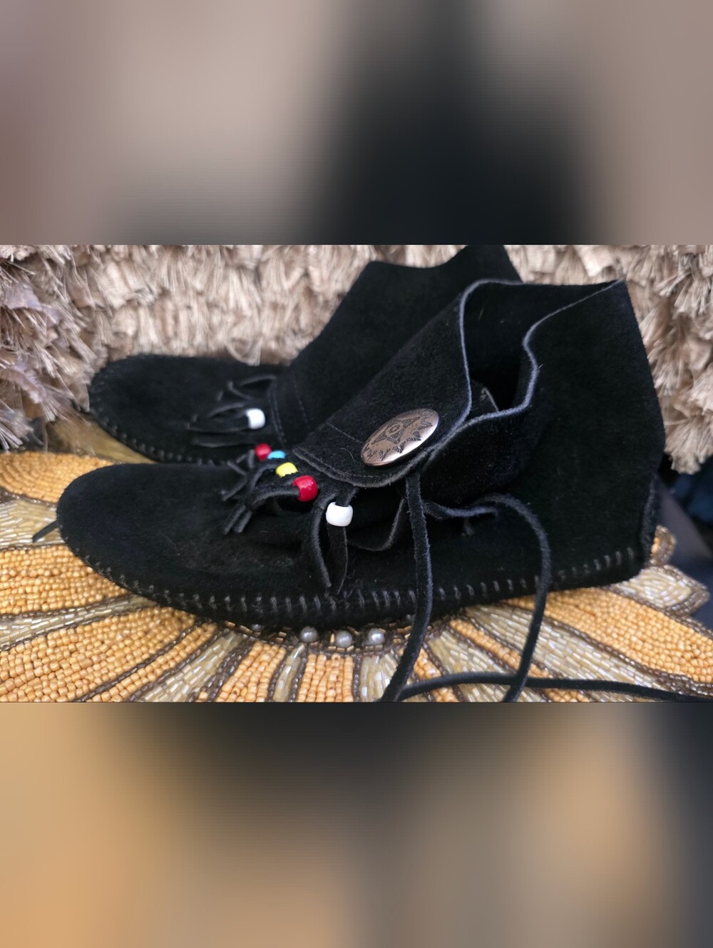 Black Suede Fringe Moccasin Sandals with Color Beads - Picture 2 of 4